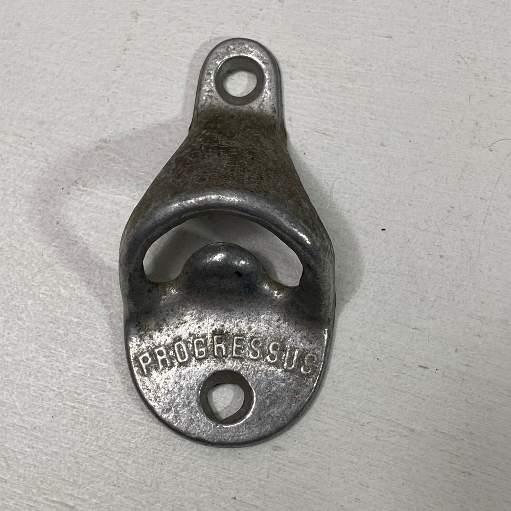 Vintage Progressus Wall Mount Bottle Opener Silver Metal Industrial Bar Tool